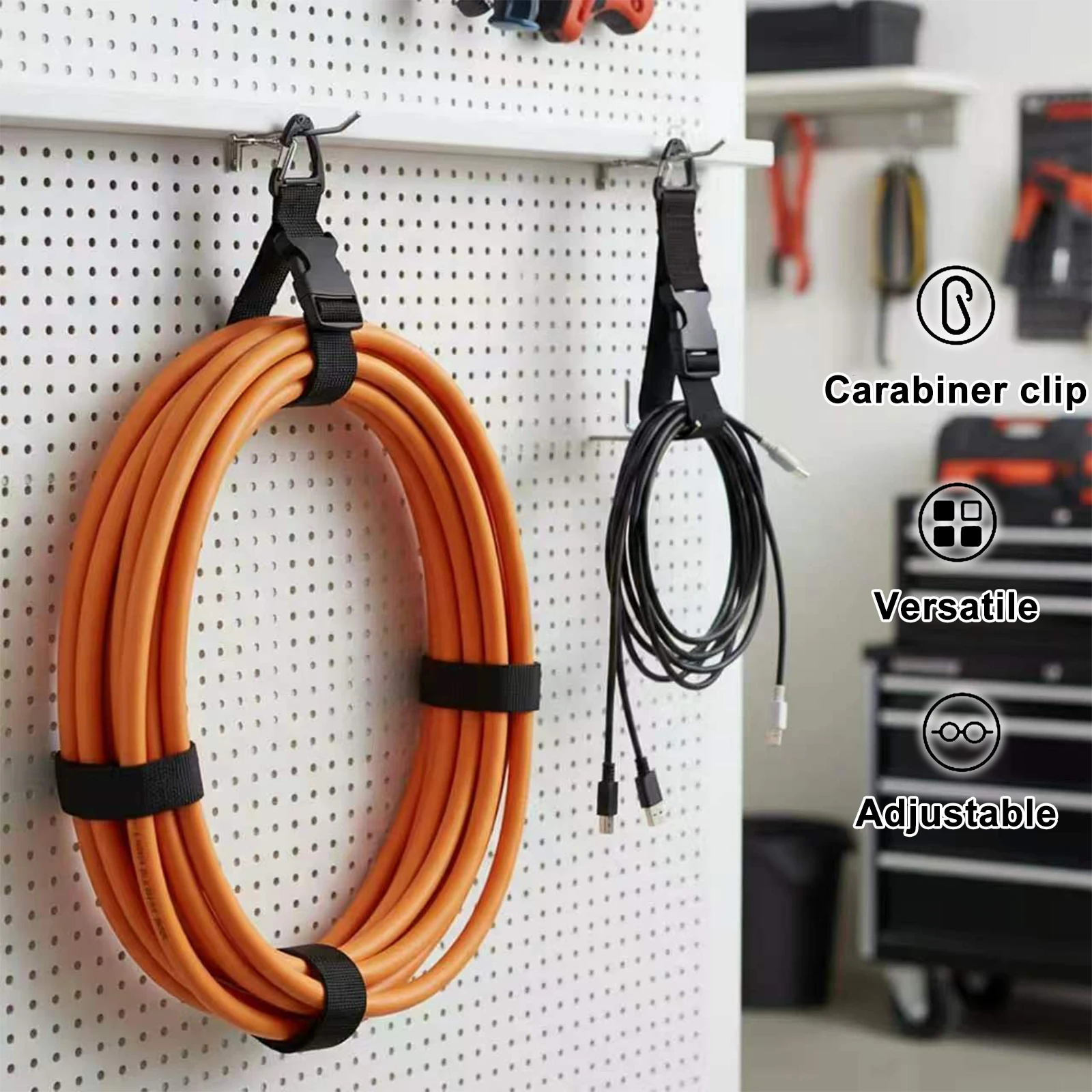 5Pcs Adjustable Extension Cord Organizer Straps with Carabiner Clip Heavy Duty 100lbs Load for Garden Hose Garage Storage