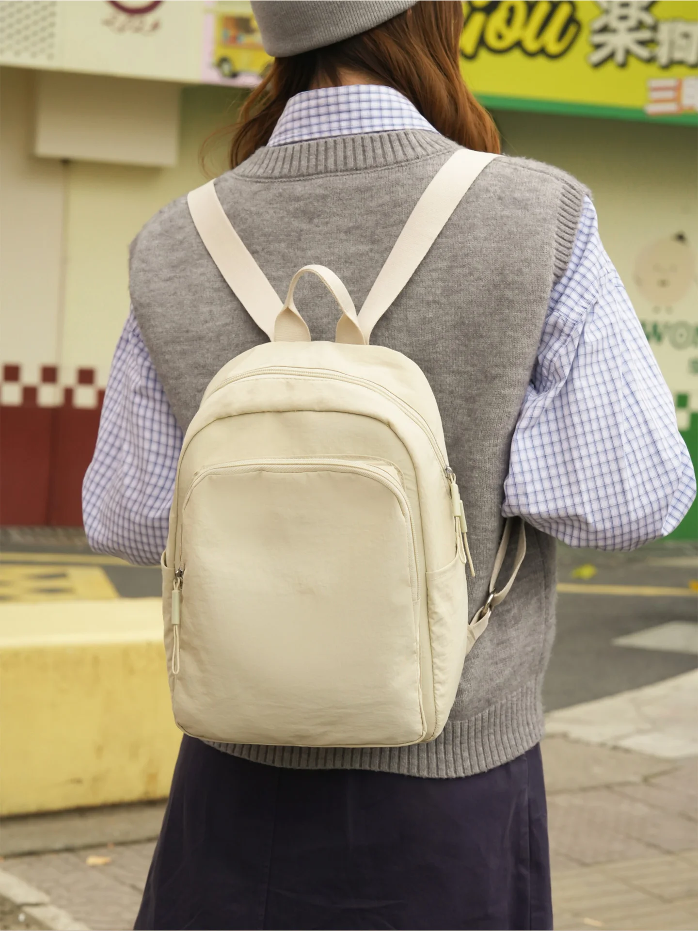 軽量カジュアル通勤バックパック-女性用-防水ジッパー開閉-デュアルショルダーストラップ-シンプル無地-多用途バッグ