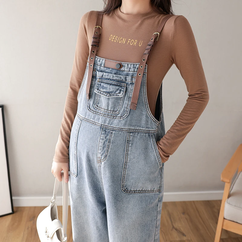 Pregnant Women\'s PU Leather Strap Denim Pants Spring Autumn Large Size Loose Maternity Jeans Fashion Pregnancy Jumpsuits Rompers