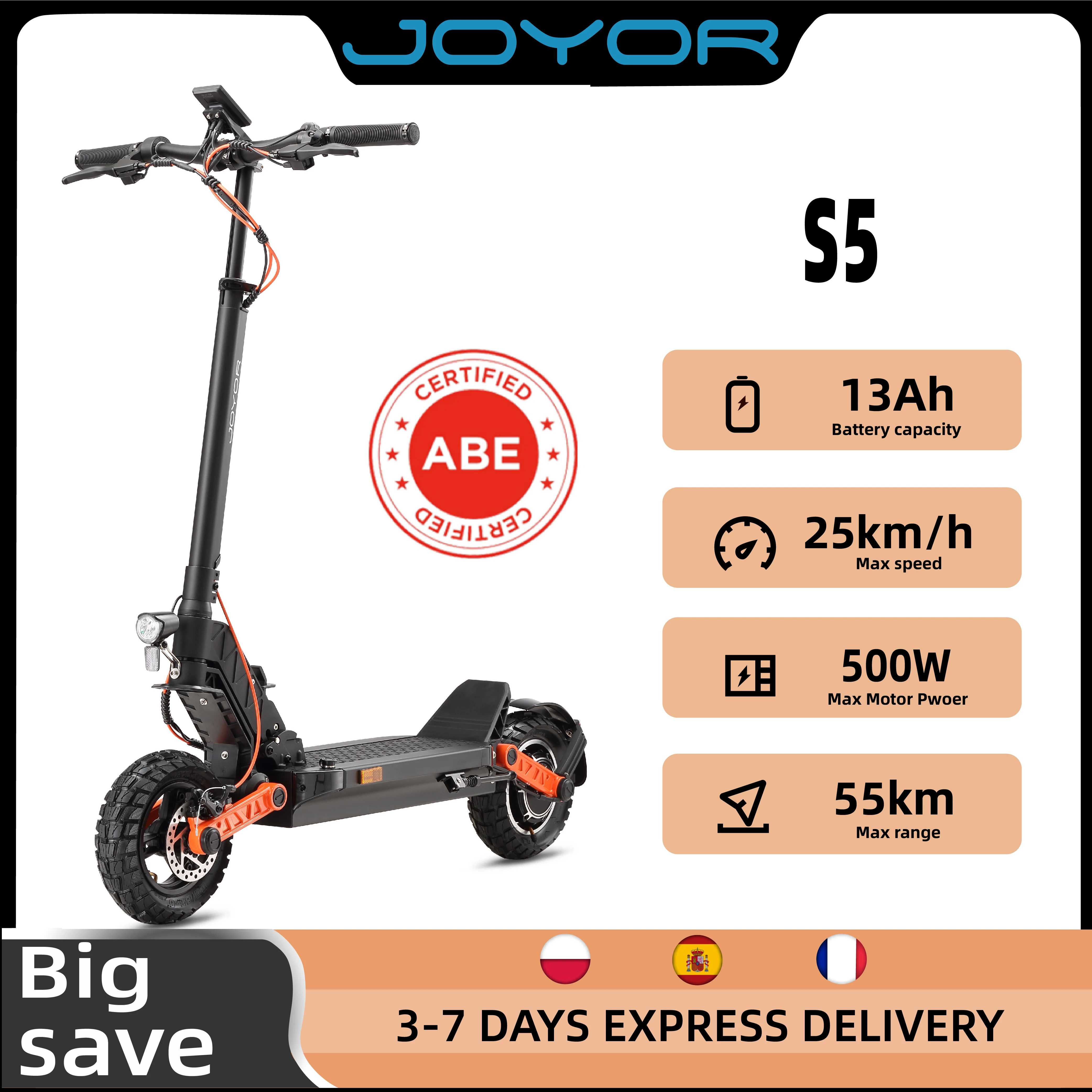 Trottinette électrique JOYOR S5 (ABE) : le choix privilégié pour les trajets quotidiens, moteur 500W, batterie 48V13AH, pliable, pneus gonflables de 10 pouces.