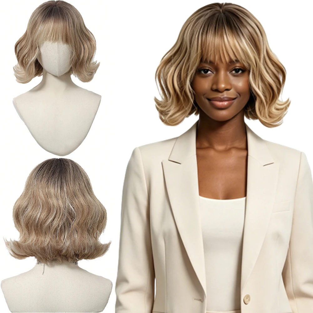 12 Inch Ombre Blonde Bob Wig with Bangs Dark Roots Natural Wavy Glueless Heat Resistant Synthetic Wigs For Black Women Daily Use