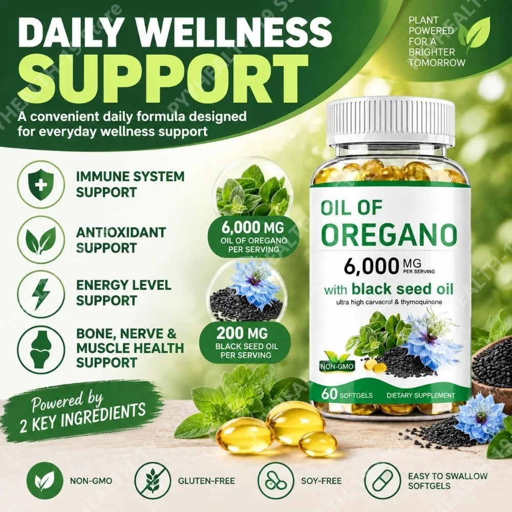 Oil of Oregano 6,000mg Softgels with Black Seed Oil, 60 Count Supports Immune System Antioxidant & Energy Level Support Soy-Free