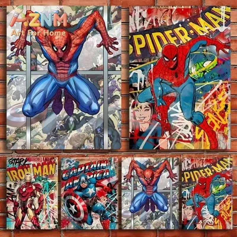 AZNM Marvel Superhero Graffiti Comic Canvas Wall Art Frameless Poster Spider-Man Captain America Street Art Print Room Decor
