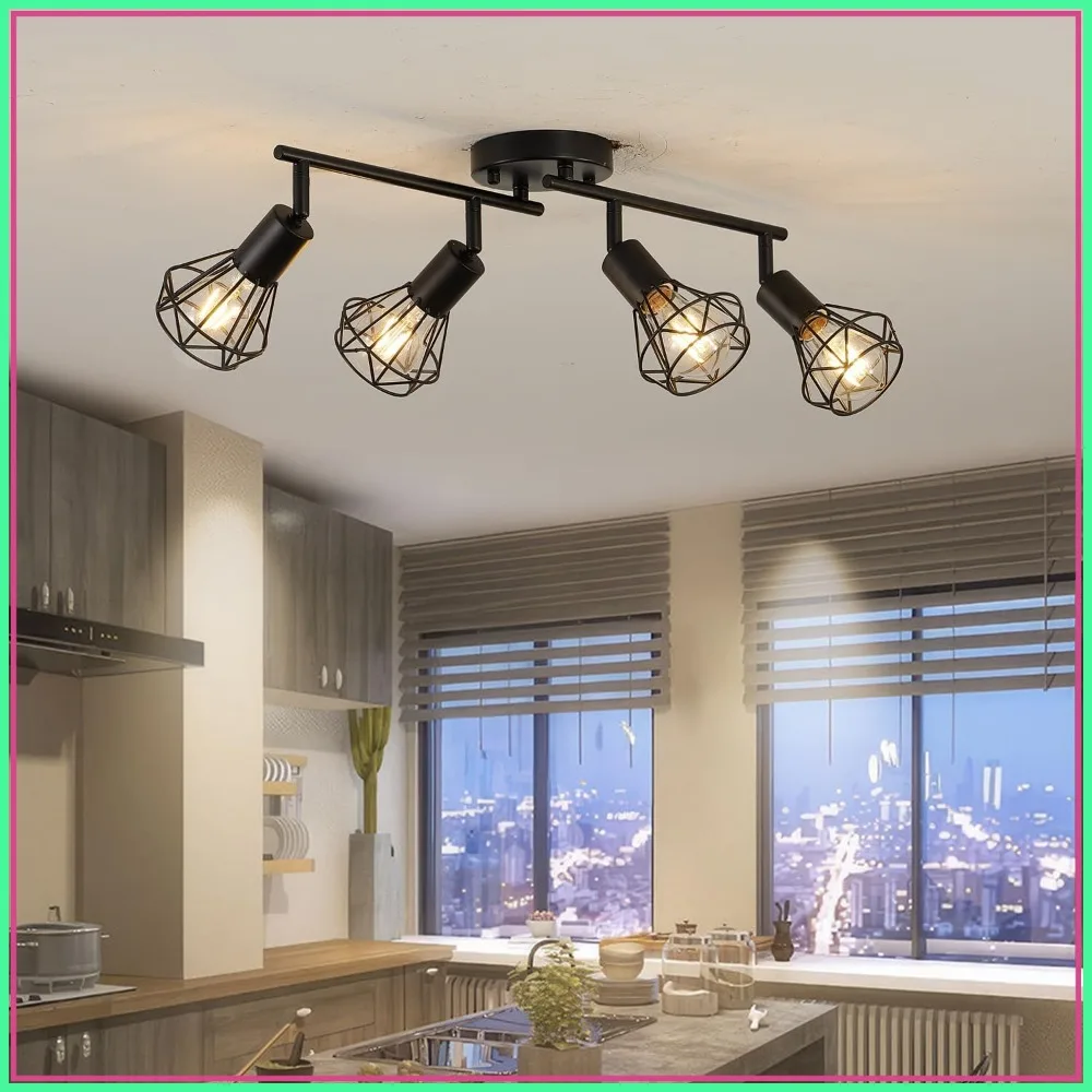 

4-Light Adjustable Track Lighting Fixture with Metal Wire Cage, Farmhouse Chandelier for Dining Room, Kitchen, Bedroom, Hallway
