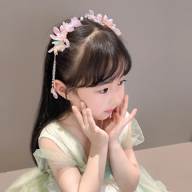 Hanfu Headwear for Girls and Children Ancient Flowers Sweet Tassel Hairpin for Little Girls Hair Card Headwear for Girls