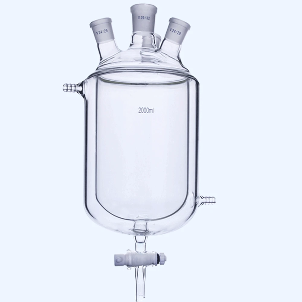 

250/500/1000/2000ml 14/23 19/26 24/29 Joint Three Necks Jacket Double Layer Reaction Bottle Lab Glassware with Discharge Valve