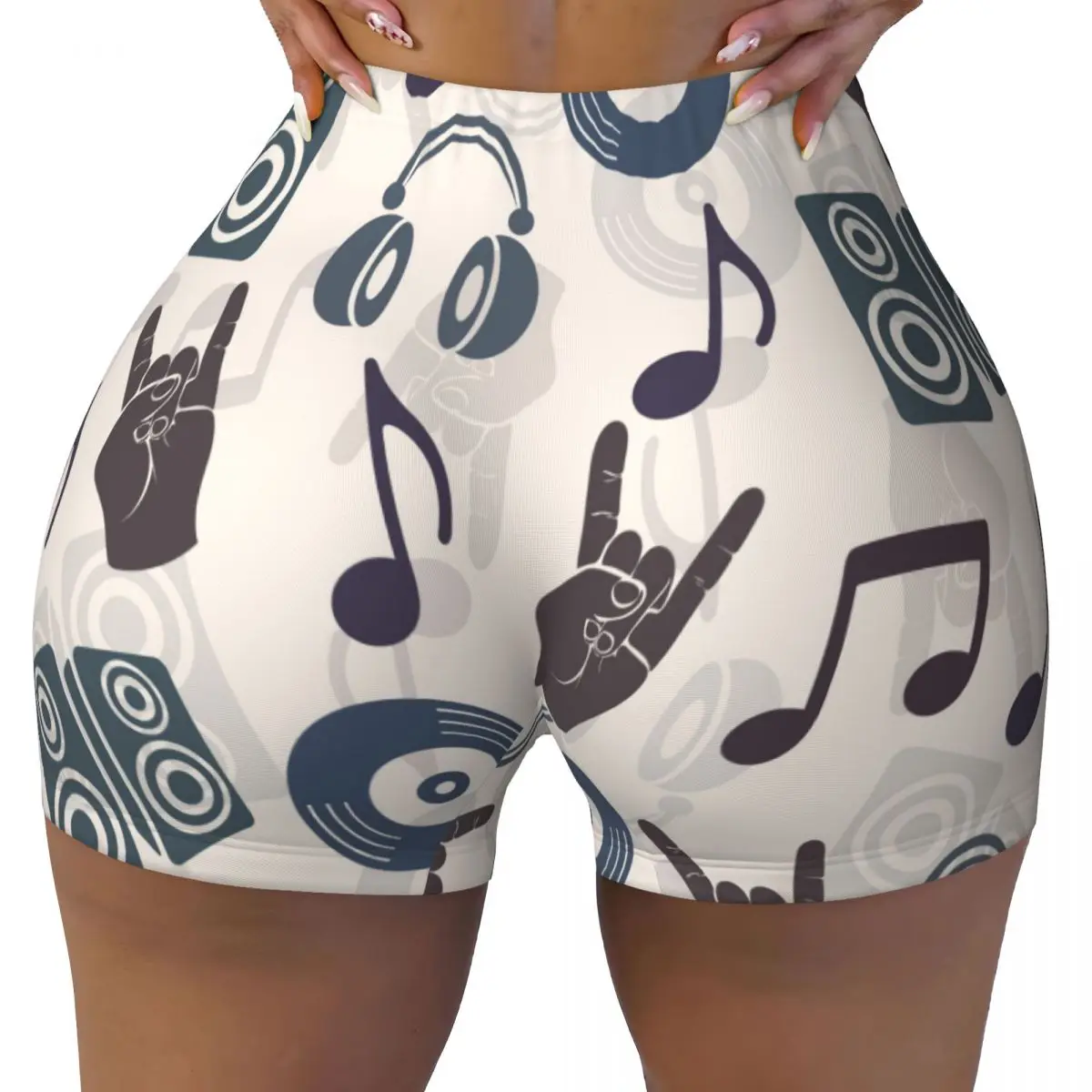 Spandex Yoga Shorts for Women Music Headphones Disk CD Plate Loudspeakers Notes And Fingers Gesture Workout Booty Shorts