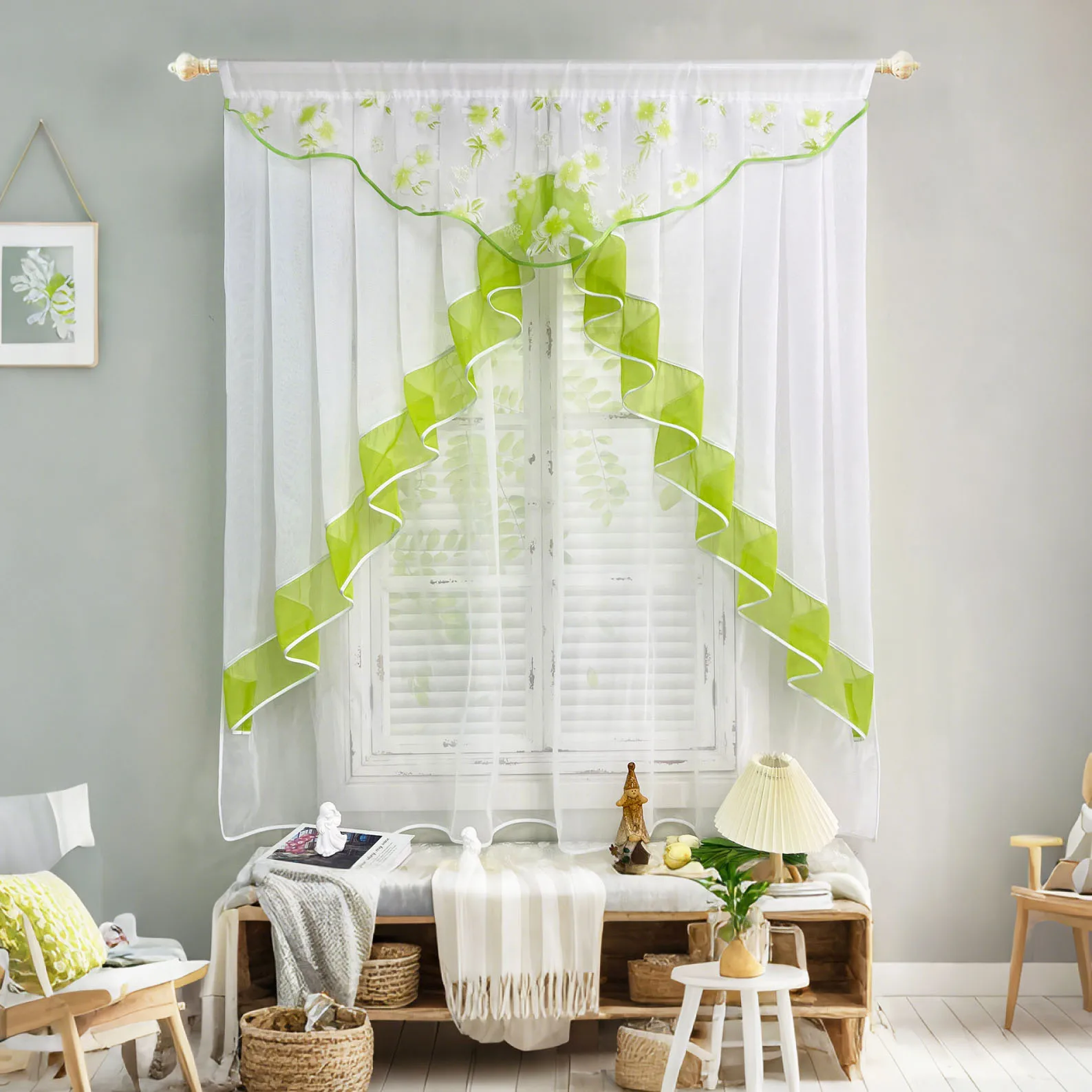 Blossom Print Sheer Curtains Set Voile Window Drapes Plain Three Layered Romance Theme for Living Room Kitchen Cafe Decor