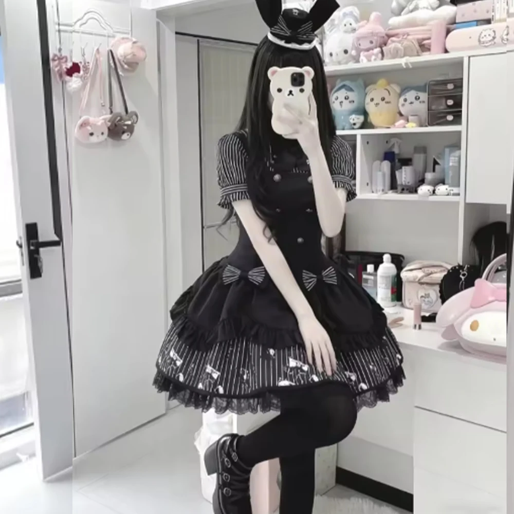 

Y2Kjapanese Gothic Lolita Style Dress Set Women Vintage Stripe Bow Short Sleeve Shirt Bandage Strap Dresses Harajuku Sweet Suit