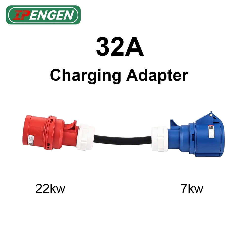 IPENGEN Electric Vehicle Charging Adapter Convert 22kw to 7kw Adapter 3phase to 1phase 32A CEE 5pin Red Male to 3pin Blue Female