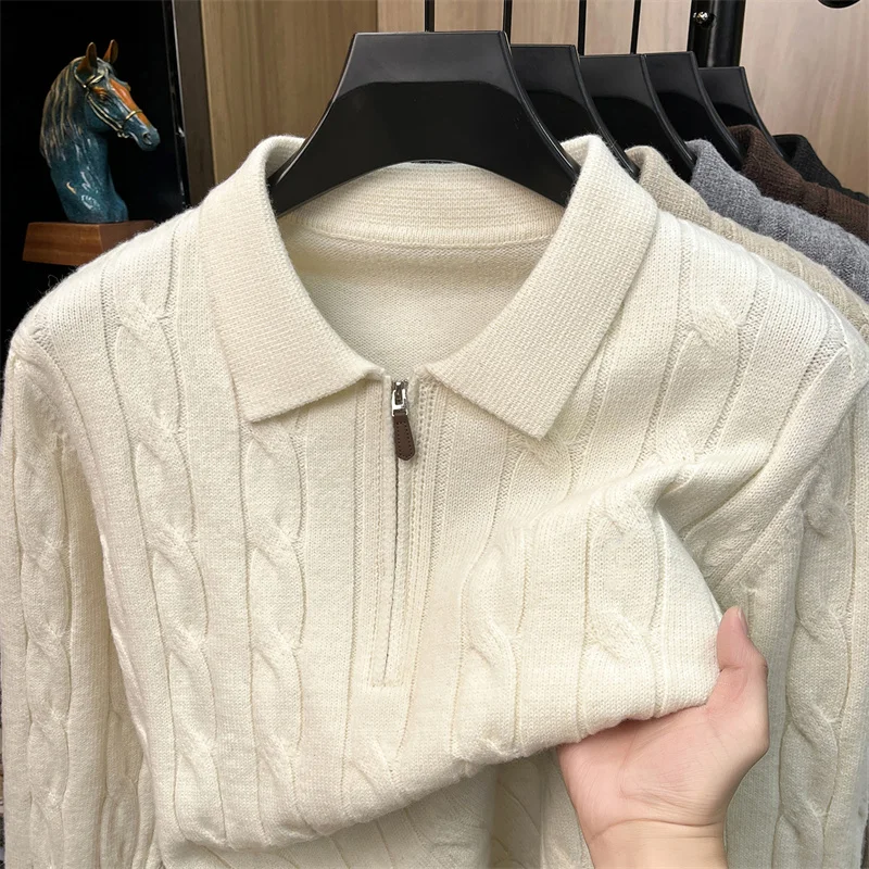 High Quality wool knitted jacquard men's sweater new half zipper lapel autumn winter soft casual comfort solid color pullover
