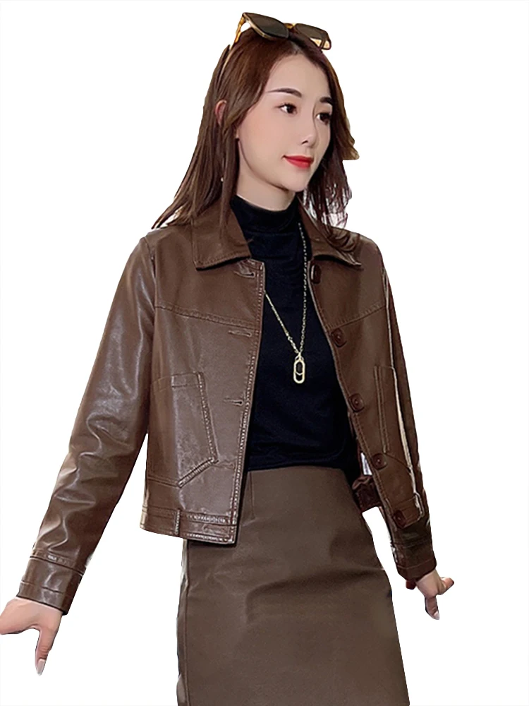 レトロオルトジャエット女性のバイカースレカジュアルスリムフィットレザーコート春秋ファイオン高品質レディースコート