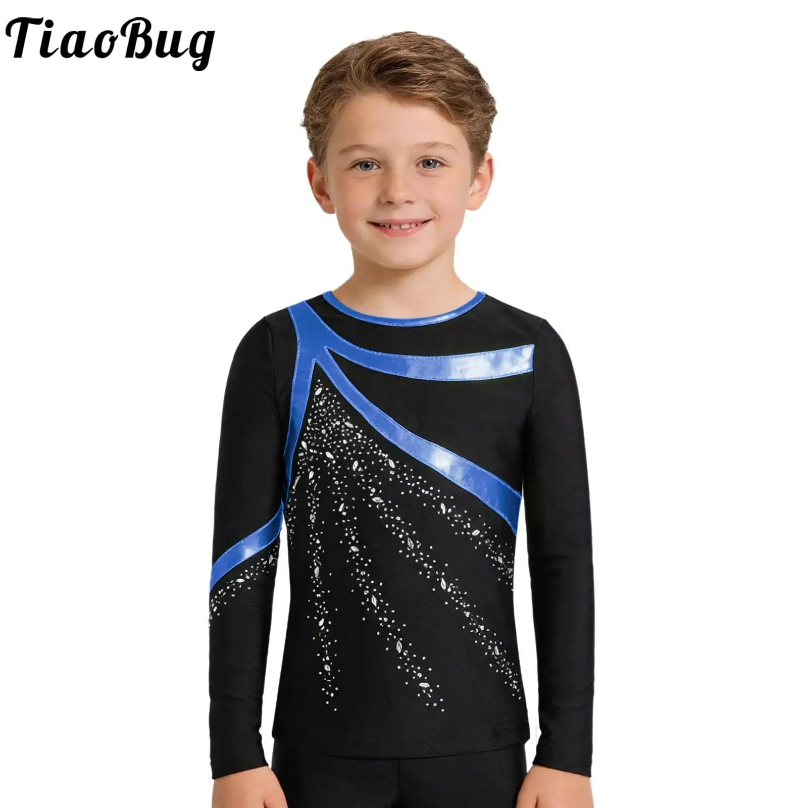 

Kids Boys Figure Skating Performance Costume Gymnastics Ballet Dance Shirts Long Sleeve Metallic Patchwork Shiny Rhinestones Top
