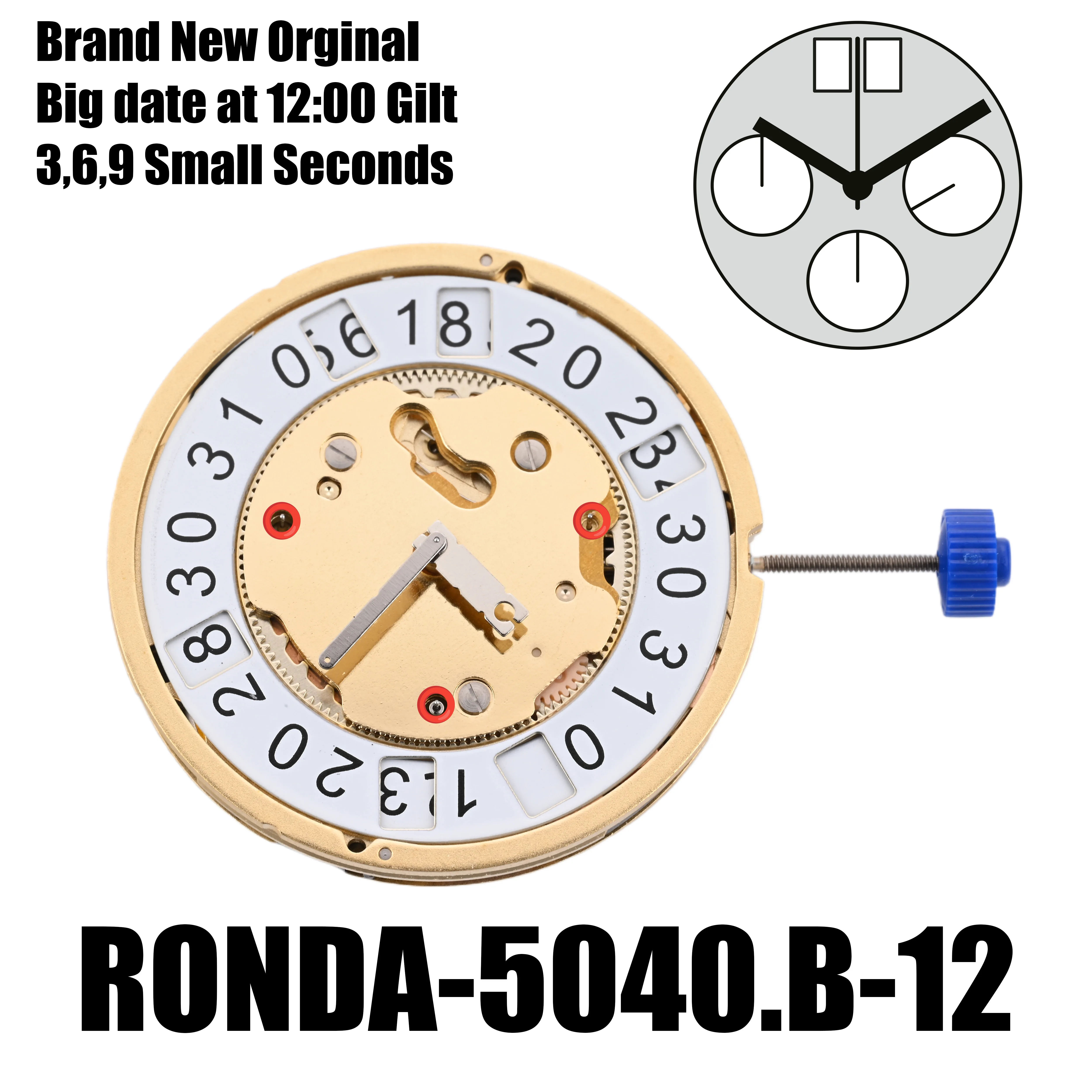 5040B Movement Ronda 5040.B Movement Gilt White Disk 6 Hands 3,6,9 Small Seconds Big Date At 12:00