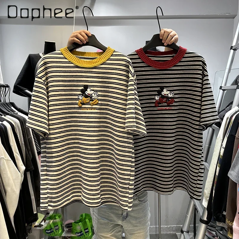 

European Spring Pullover Round Neck Cartoon Embroidery Mid Lenth Loose Thickened Striped T-shirt Short Sleeve Women 2025 New