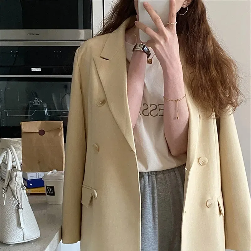 Unxx Herbst Retro lässig einfarbig lang ärmel ige Blazer Mäntel pendeln einfarbig lose zweireihige Anzug Kragen Jacke