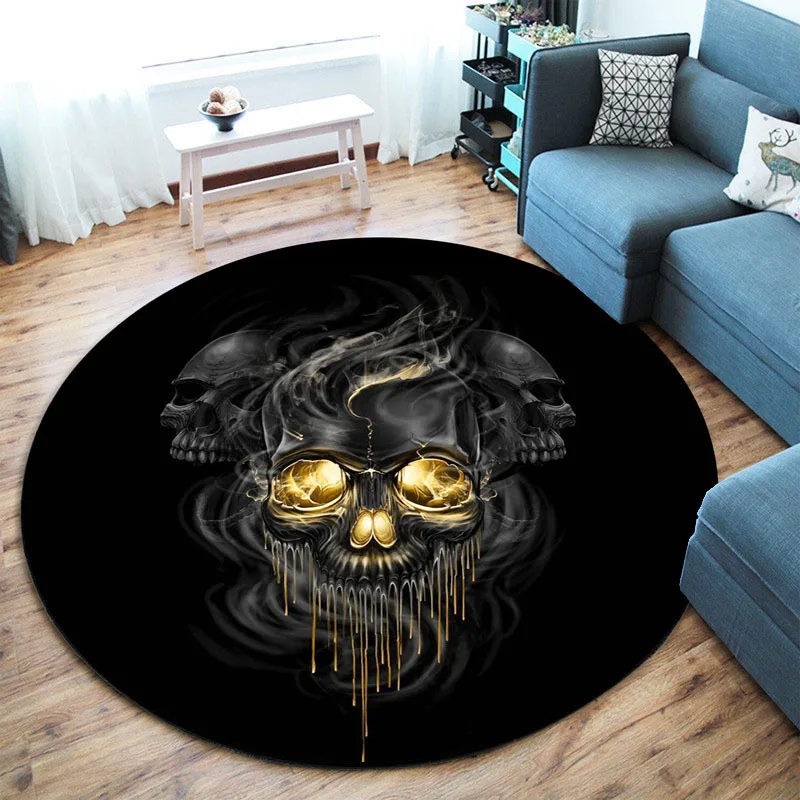Golden Eyes Skull Smoke Printed Round Area Rug, Gothic Dripping Gold Art Pattern, Dark Style Home Decor Floor Mat