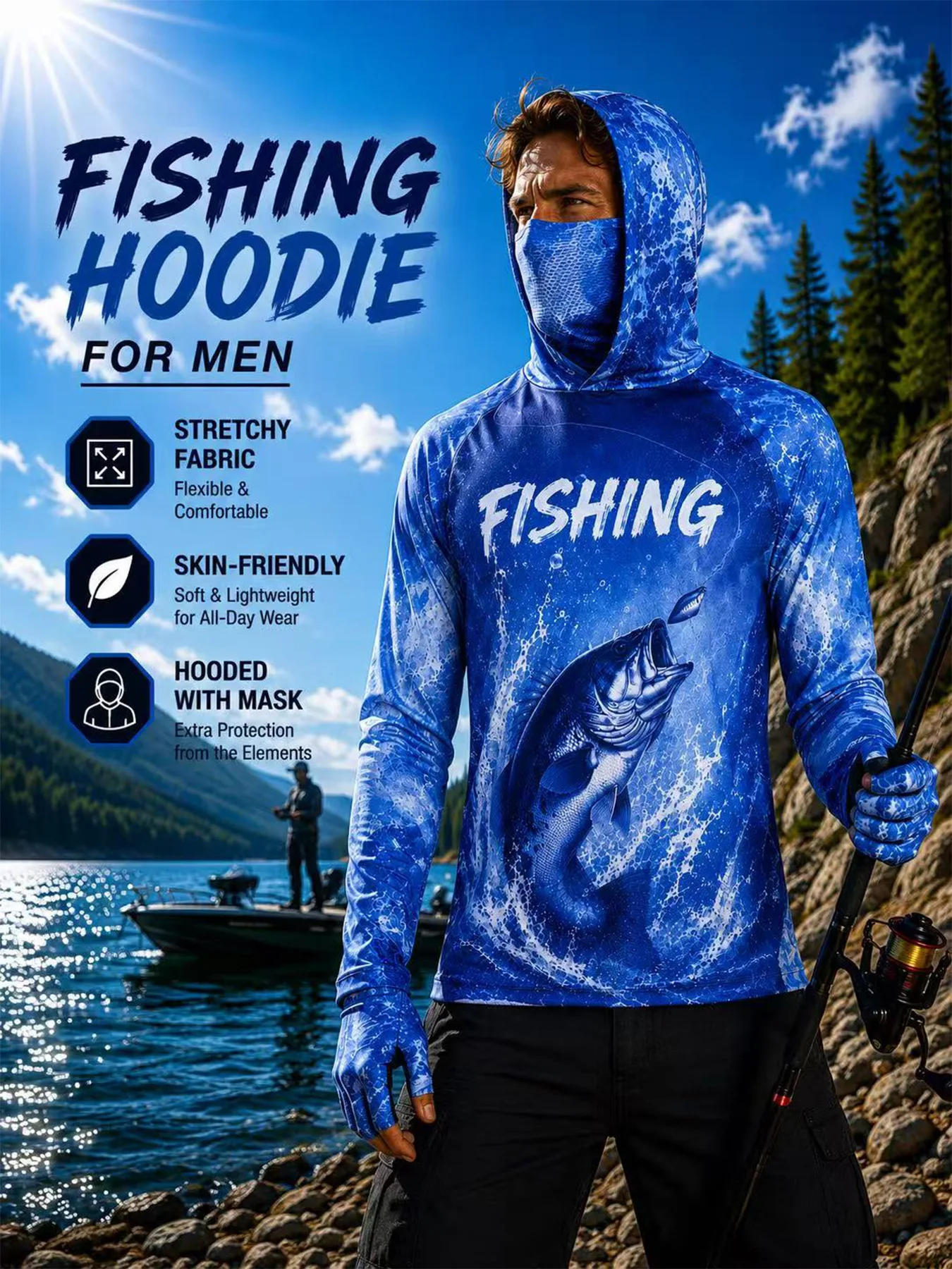 Fishing Hoodie Men Sun Protection Face Cover Neck Gaiter Quick-Dry Breathable Anti-Mosquito Outdoor Lure Shirt Slim Fit Hooded