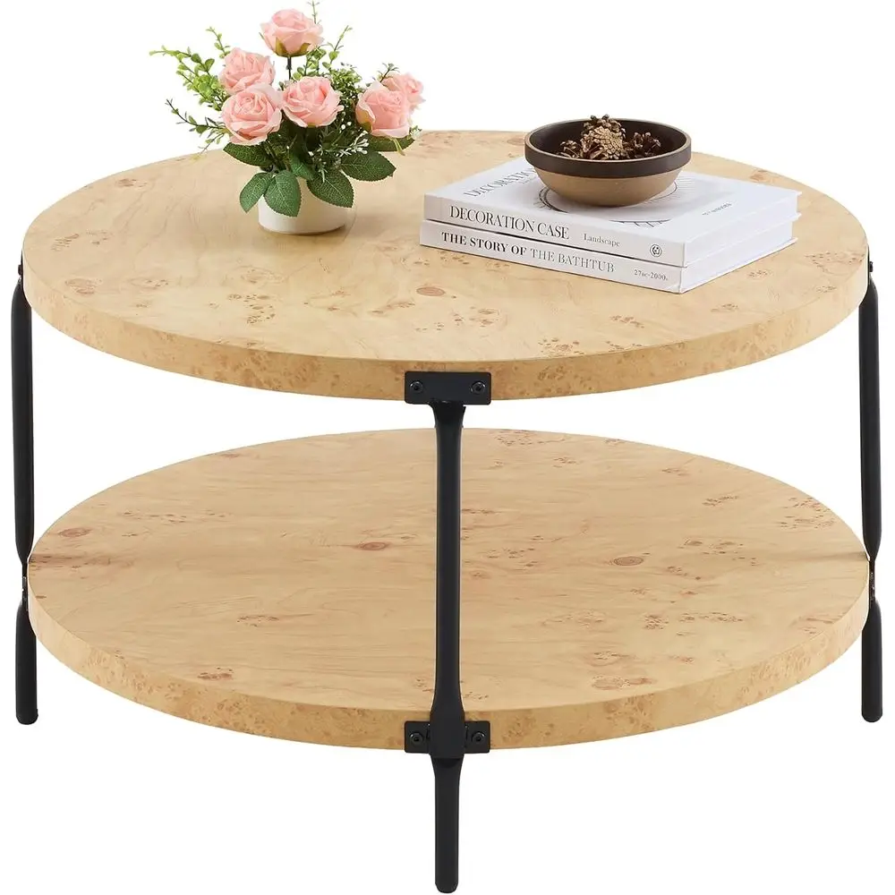 Natural Burl Wood 2-Tier Farmhouse Coffee Table, 29.1 Diameter x 18.3 Height