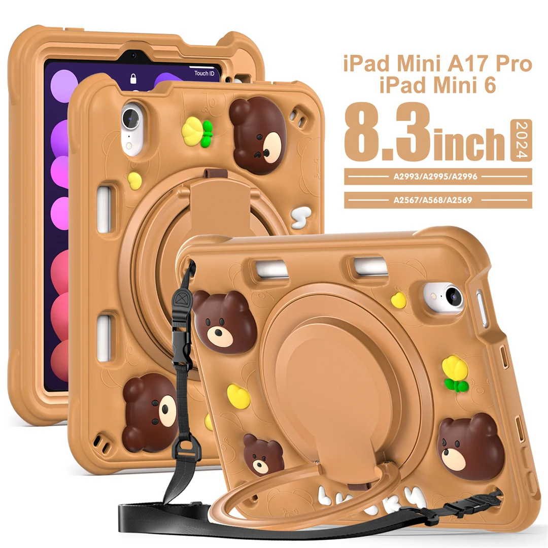 

Cute Bear Case for iPad Mini A17 Pro Mini 6 8.3inch Built in Apple Pencil Holder Foldable Sturdy Kickstand Portable Shoulder