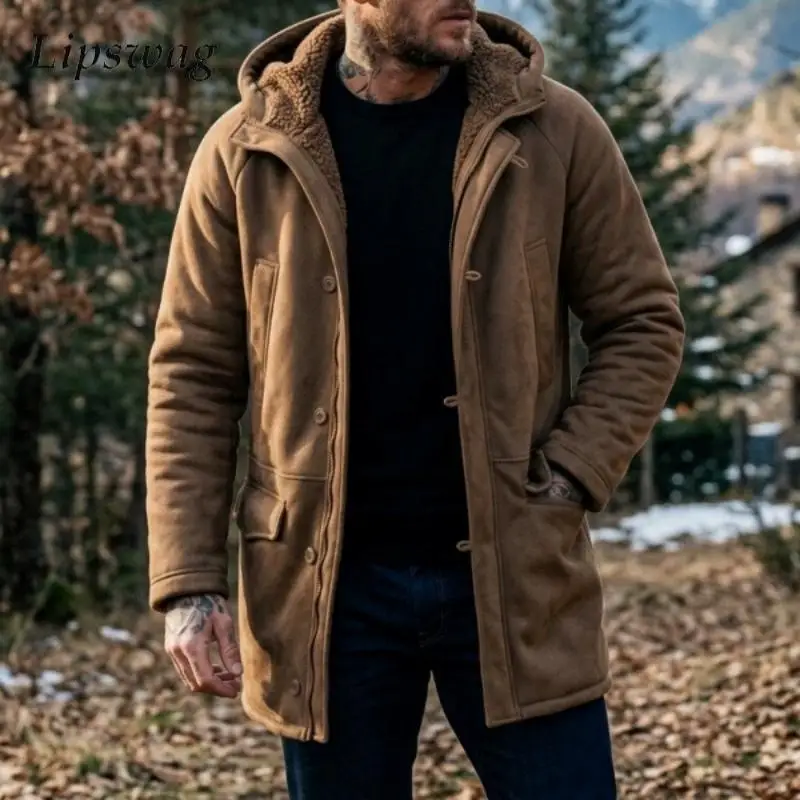 Vintage Turn-down Collar Hooded Mid Length Coat Fashionable Solid Color Warm Lined Outerwear 2026 Winter Casual Overcoat For Men