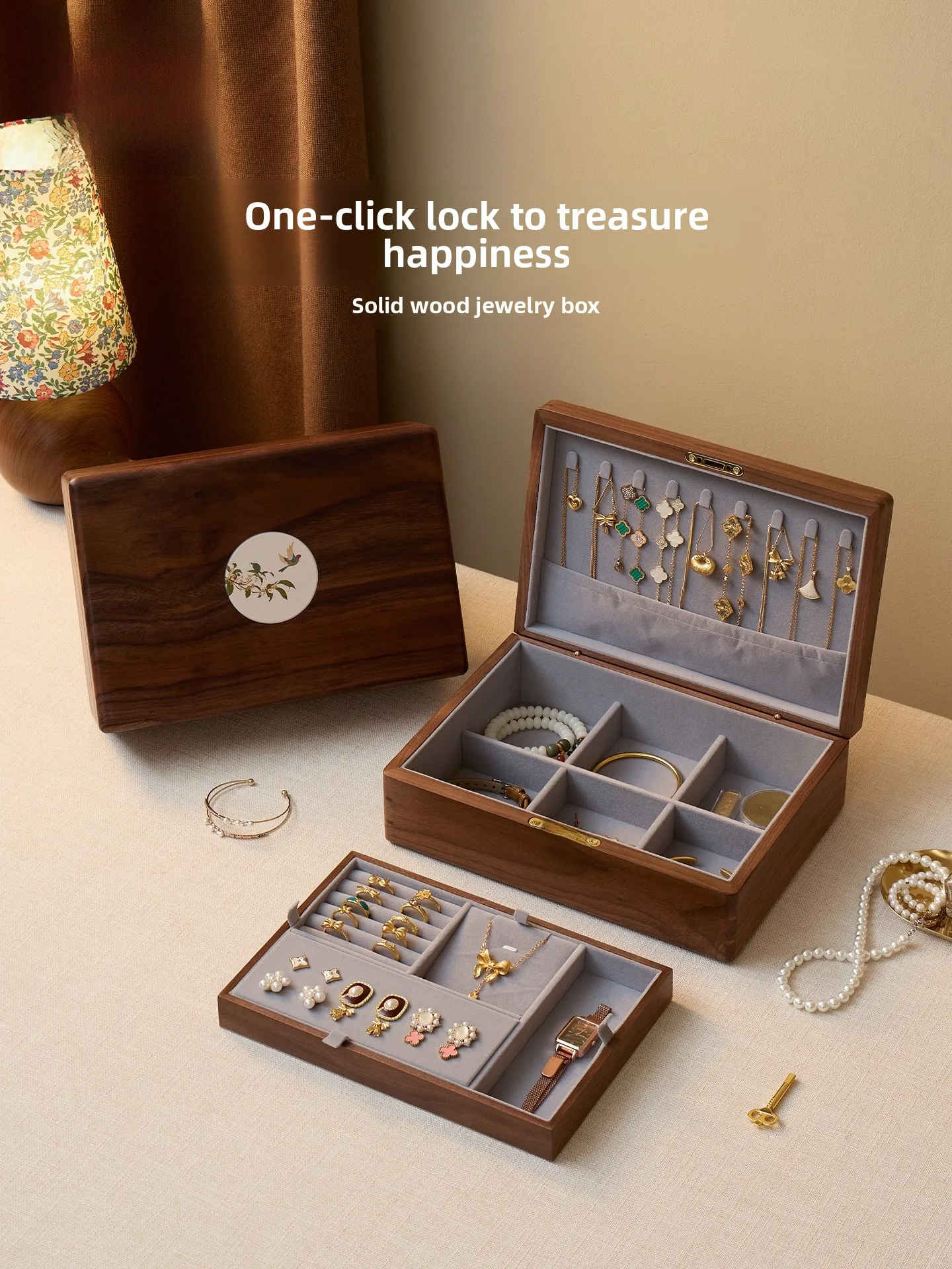 

Fanhuan Bla Walnut Wood Jewelry Box with Lo Vintage Chinese Sle New Year Gift High End Wooden Jewelry Case for Storage