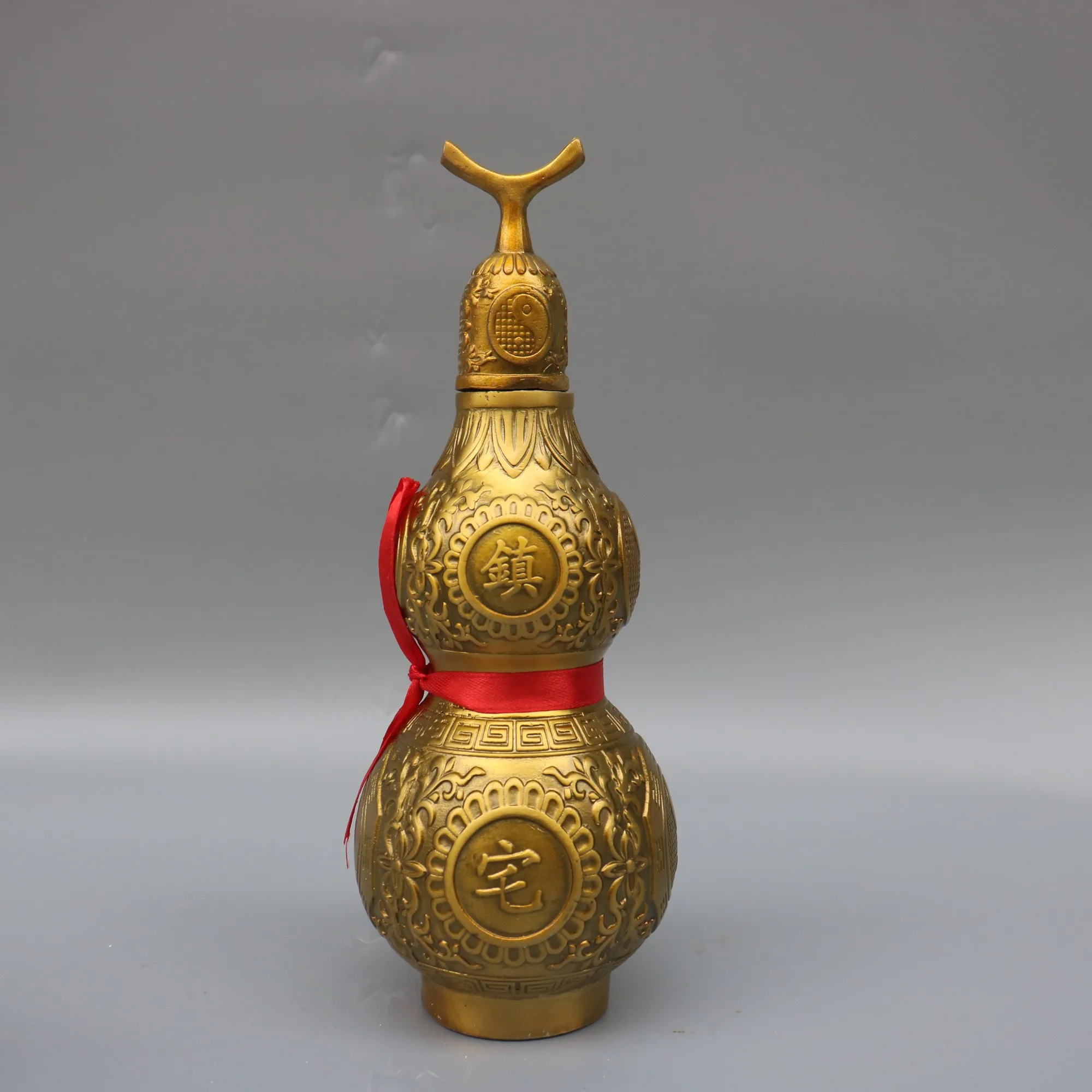 

9"Tibetan Temple Collection Old Brass Calabash Treasure of Town House Great ultimate Gourd Gather wealth Office Ornaments