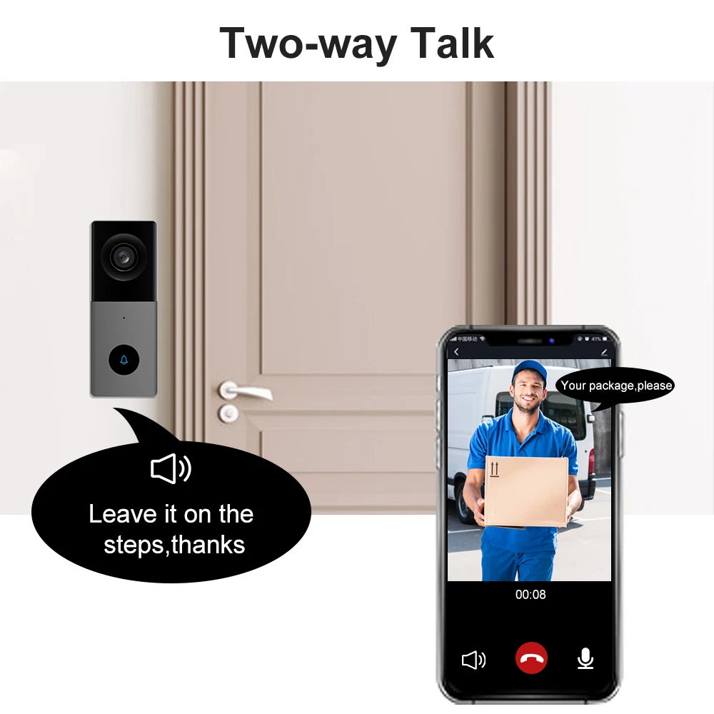 Bel Pintu Video Nirkabel WIFI IP Tuya APP 2MP 1080P dengan Sudut Lebar 140 Derajat H.265