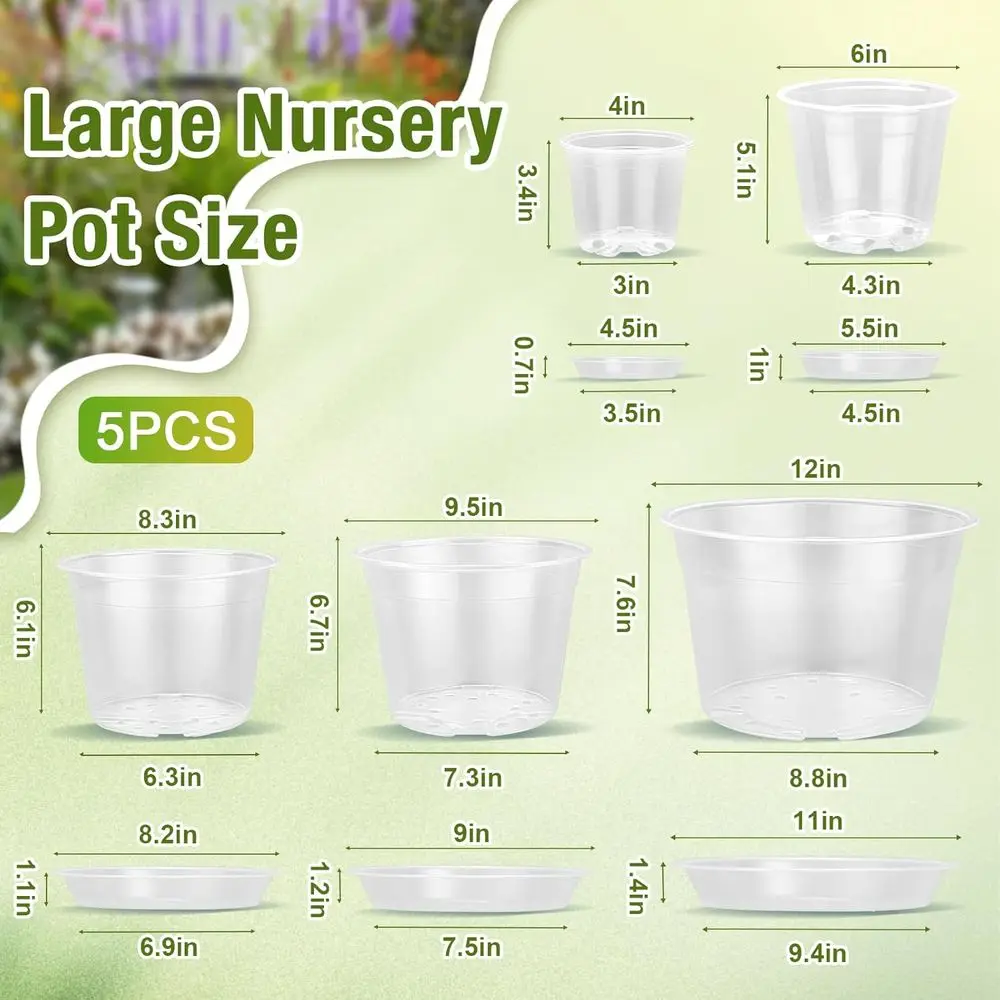 20 Pack Clear Plastic Nursery Pots with Drainage and Saucers, Ideal for Seedlings, Plants, and Growing Flowers & Vegetables