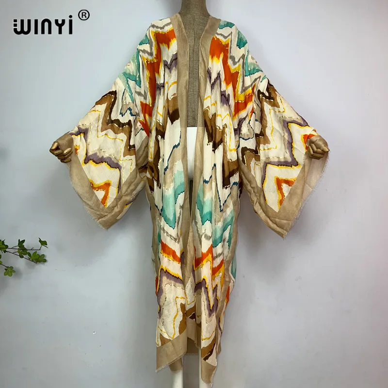 Imagem -04 - Winyi-hot Stamping Stripe Print Vestido Longo para Mulheres Cabolsa Borlas Soltas Elegante Festa Boho Praia Feriado Natação Cover up