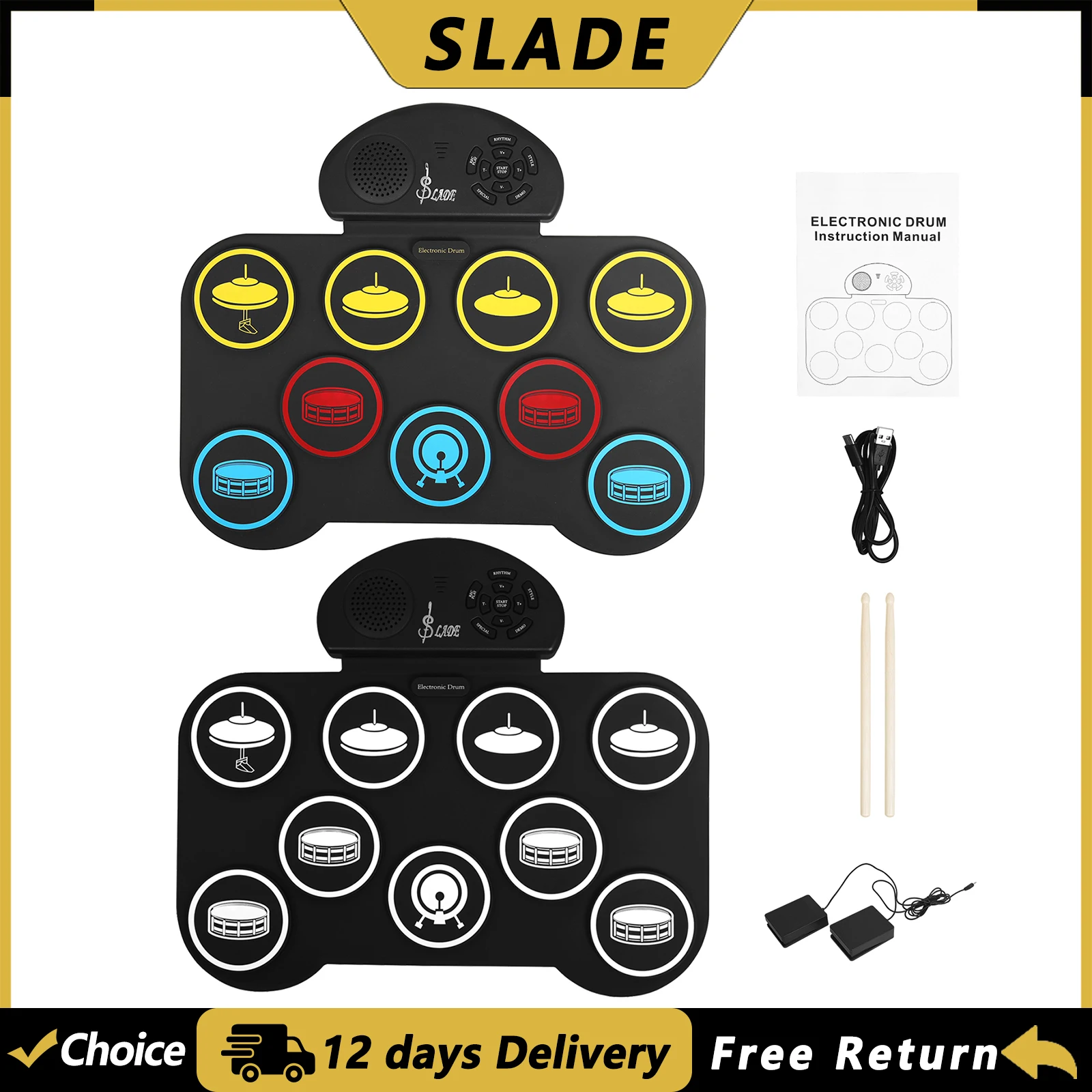 SLADE Electronic Drum Set Hand-rolled Drum 5 Drums 4 Cymbals 9-pad Practice Pad Portable Drum Set Gifts with Drumsticks Pedals