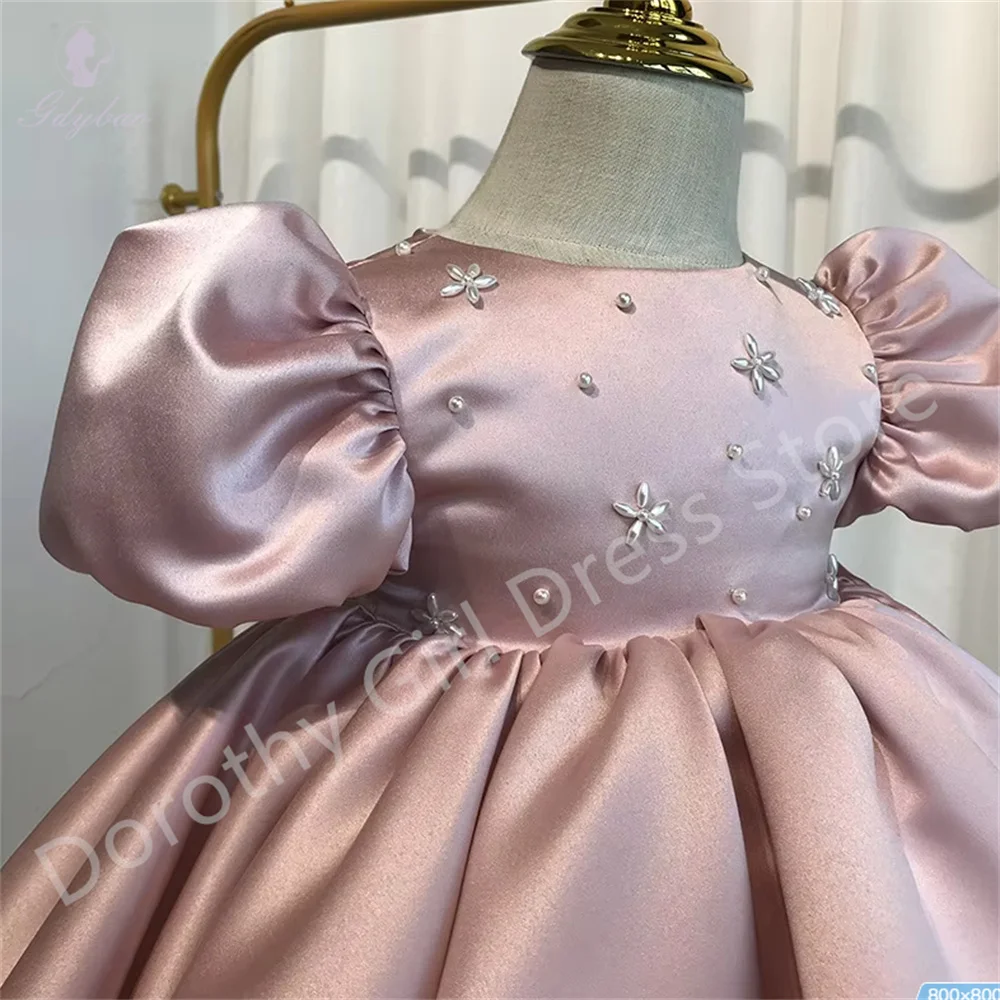 

Pink Baby Girl Pearl Beading Dress Toddler Bow Puff Sleeve Wedding Party Birthday First Communion Clothes Custom Baptism
