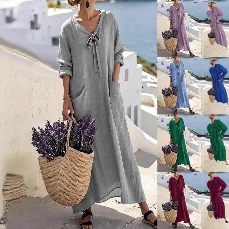【Nuevo estilo】2026 Ropa de mujer europea y americana, informal, con cuello en V, manga larga, holgada, de algodón y lino, de color liso.