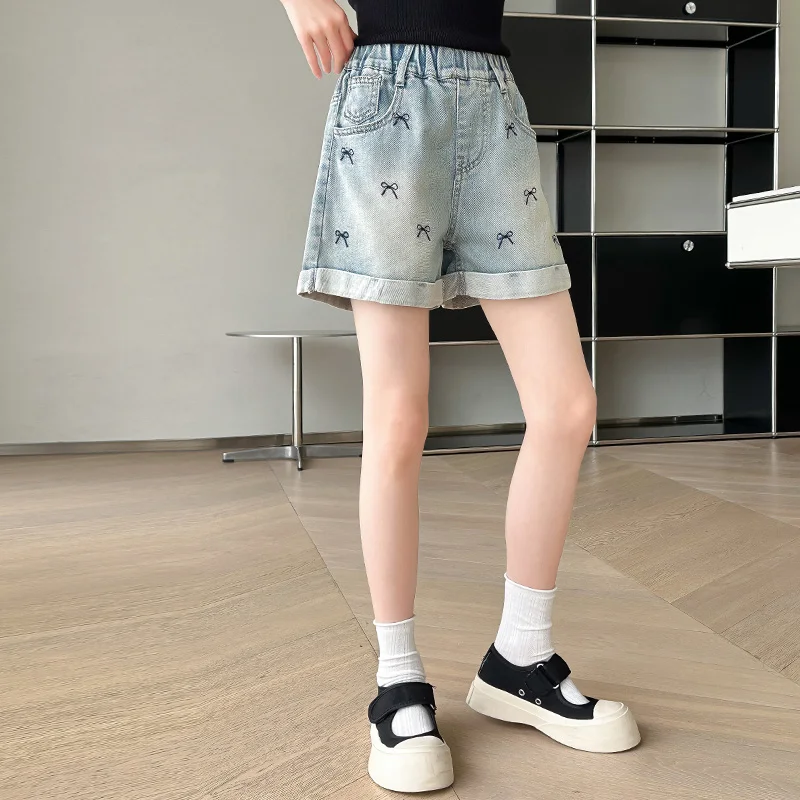 Children Casual Denim Shorts with Bow For Girls Elegant Above Knee Pants Mini Jeans Kids Teenager Brief Summer Shorts Size 5-14Y