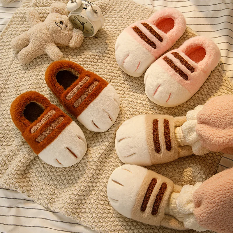 

Newest cat paw feet slippers woman fluffy closed heel home shoes for women winter warm slip on animal claw slipper furry loafer
