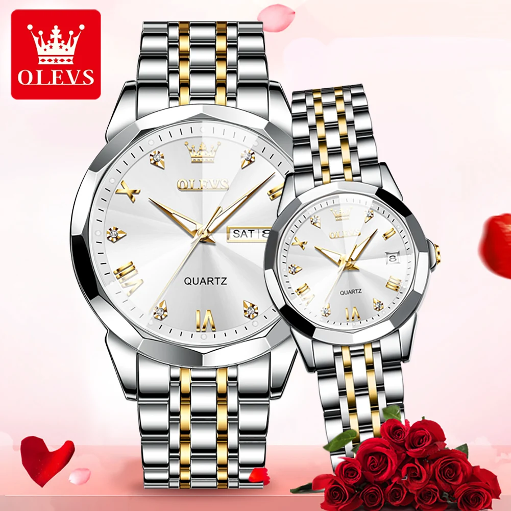OLEVS 9931 Couple Watches Fashion Quartz Watches Waterproof Luminous Wristwatch For Couple Week Date Wristwatch Couple's Gift