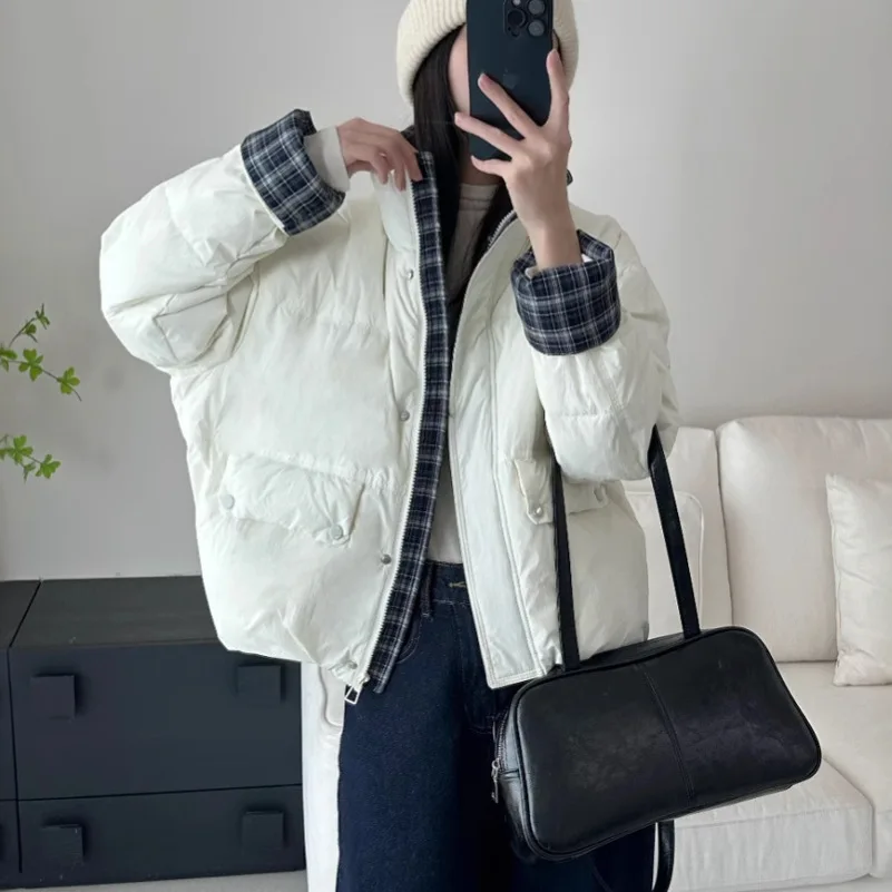 المرأة خليط اللون منقوشة قصيرة أسفل سترة فضفاضة عادية الوقوف طوق الشتاء الأبيض بطة أسفل سترة منفوخة النساء JK-237 #3