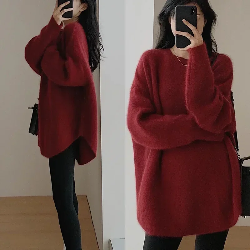 

Loose Fluffy Sweater Women 2023 Autumn O-neck Long Sleeve Soild Female Knit Pullover Fashion Curved Hem Lady Knitwear