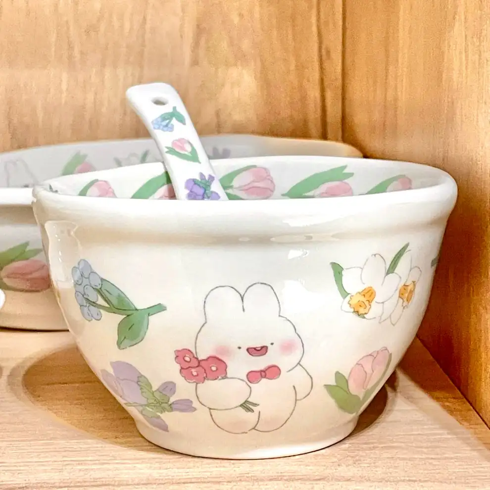 

Керамическая чаша и ложек ручной работы с изображением кролика — 5,3 дюйма, в подарочной упаковке