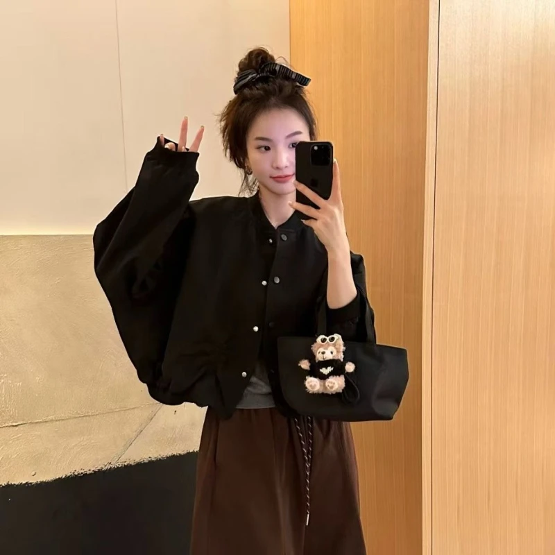 

​Stylish Designer Jacket for Women 2025 Fall Pleated Baseball Jacket with Stand Collar Short Length​