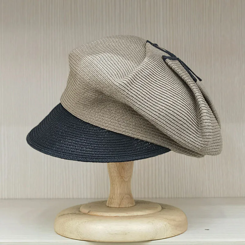 New Bow Summer Hat Beach Sun Cap Two Tones Patchwork Straw Cap Wide Brim Visor Newsboy Hat Vacation Beach Hat Foldable Lady Girl