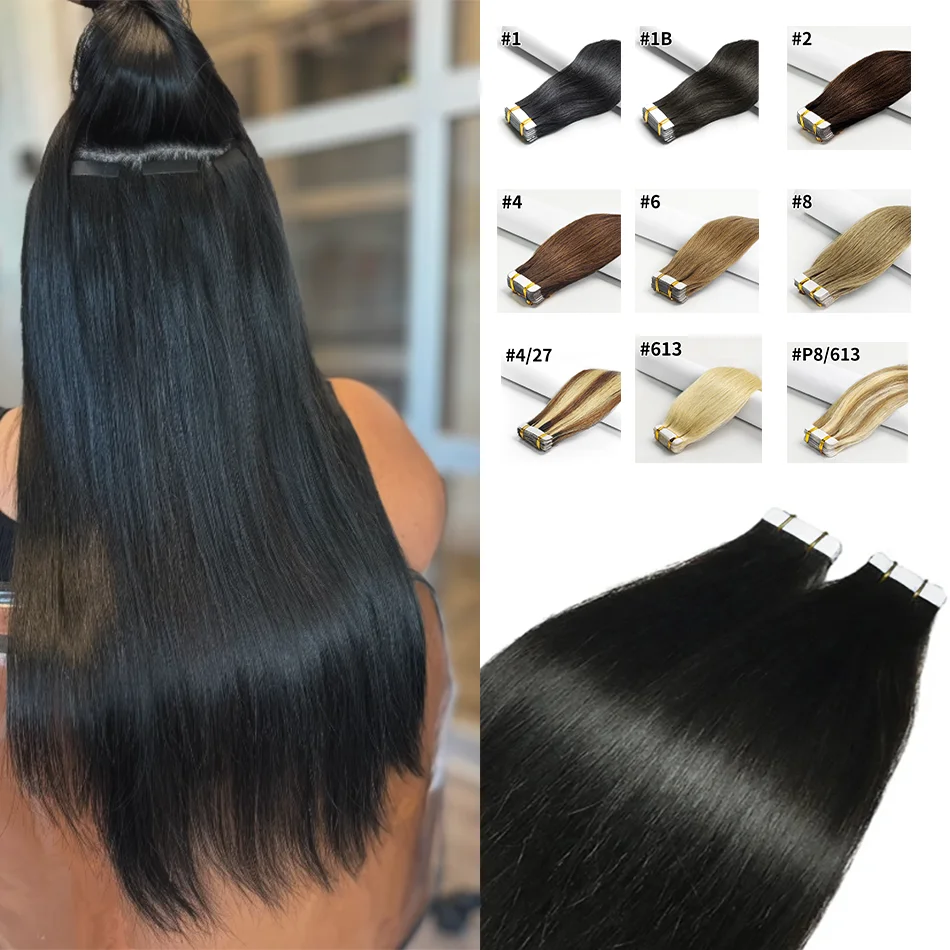 CuemployRemy-Extensions de Cheveux Humains à 100% avec Bande Adhésive, Vrais Cheveux Naturels, Trame de Peau, pour Salon, Haute Qualité, 20 Pièces/Paquet