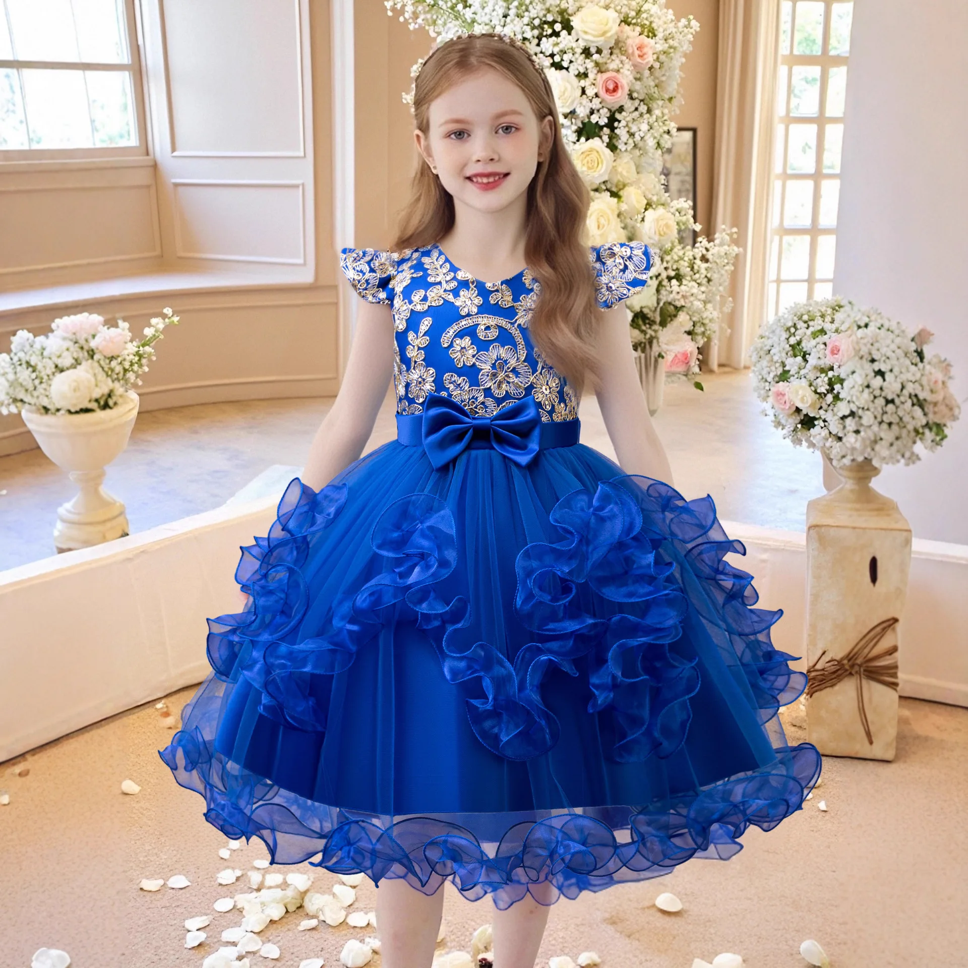 Girls Pageant Dress Embroidery Flutter Sleeves Bow Layered Tulle For Princess Party Wedding Birthday Elegant Ball Gown For Toddl