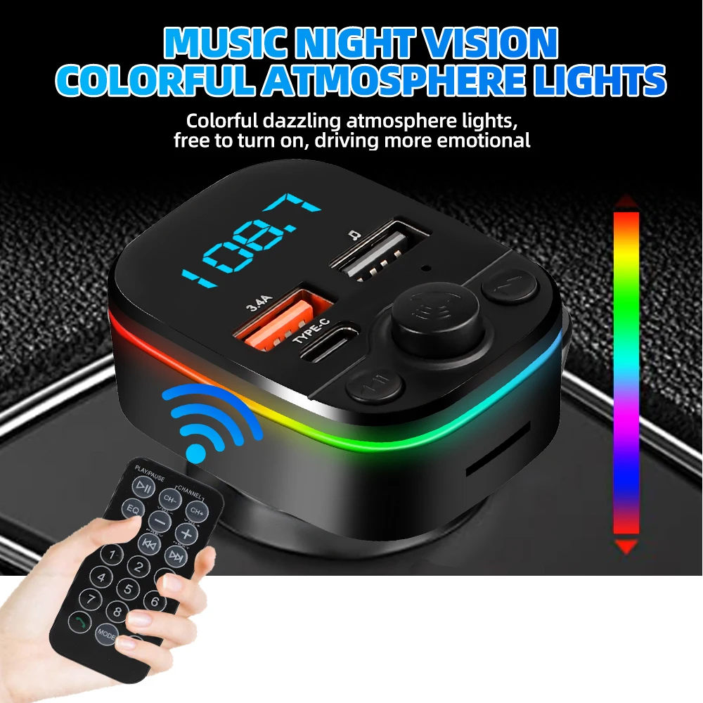 FM Transmitter Bluetooth 3.1A Type-C+Dual USB Port Car Charge Wireless Handsfree Call LED Aux Audio Radio Modulator MP3 Player