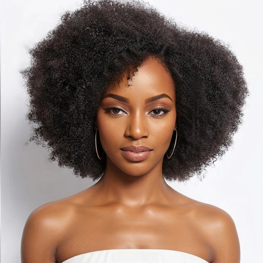 Idoli Hair Side Part Afro Curly Bouncy No Glue Minimalist Lace Wig 100% Human Hair Natural Black Color Bob Wig Human Hair