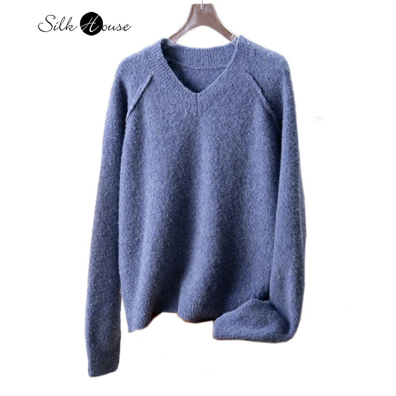 Good Texture Looped Wool Soft Skin Friendly V-neck Long Sleeved Warm and Versatile Women's Autumn/Winter Cowboy Blue Sweater