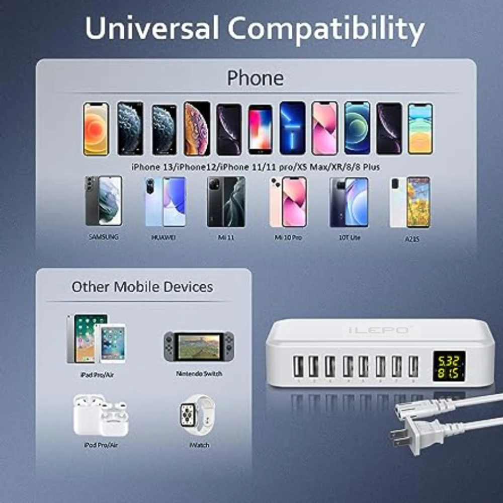 ILEPO-محطة شحن USB متعددة ، شاحن ذكي ، شاشة ليد ، محور ، 40 واط ، 8 منافذ ، هاتف محمول ، سطح مكتب ، أجهزة متعددة