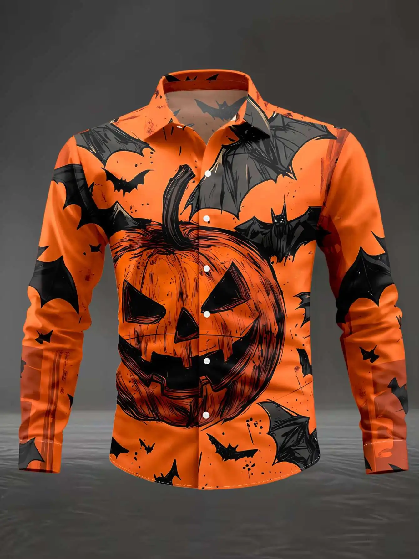 Men Halloween Orange Long Sleeve Shirt, Big Pumpkin Bat Splatter Full Print Button Down Blouse