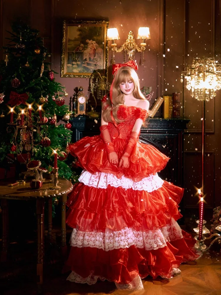 

2026 New Vintage Court Red Princess Style Cake Skirt Light Wedding Dress Birthday Photo Studio Costume Ethnic Stage Costume