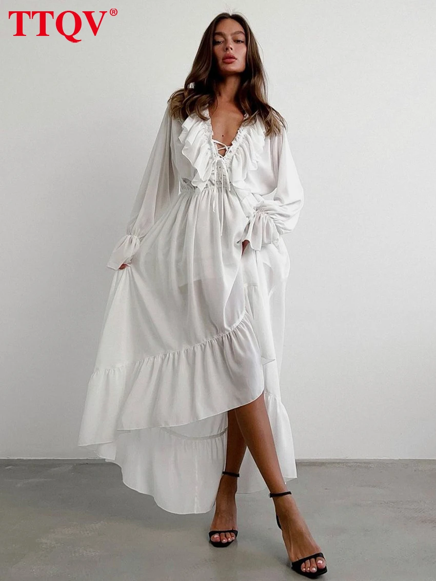 

TTQV сексуальное свободное белое женское платье 2025 модное платье с v-образным вырезом и длинными рукавами до щиколотки элегантное классическое плиссированное женское платье